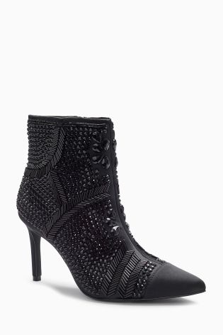 Black Beaded Point Ankle Boots